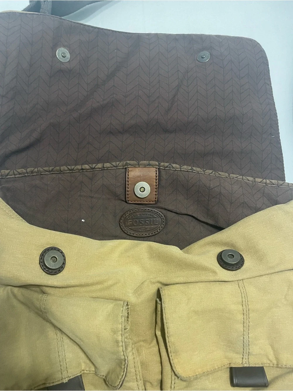 Vintage Fossil Tan Canvas Messenger Bag with Leather Trim Y2K Style